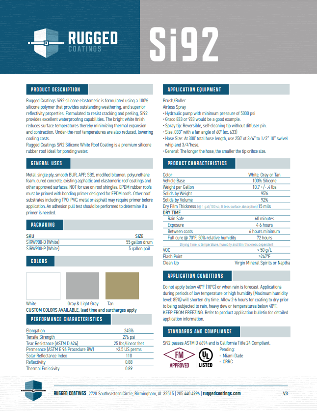 Rugged Coatings SI92 Technical Data Sheet (TDS)