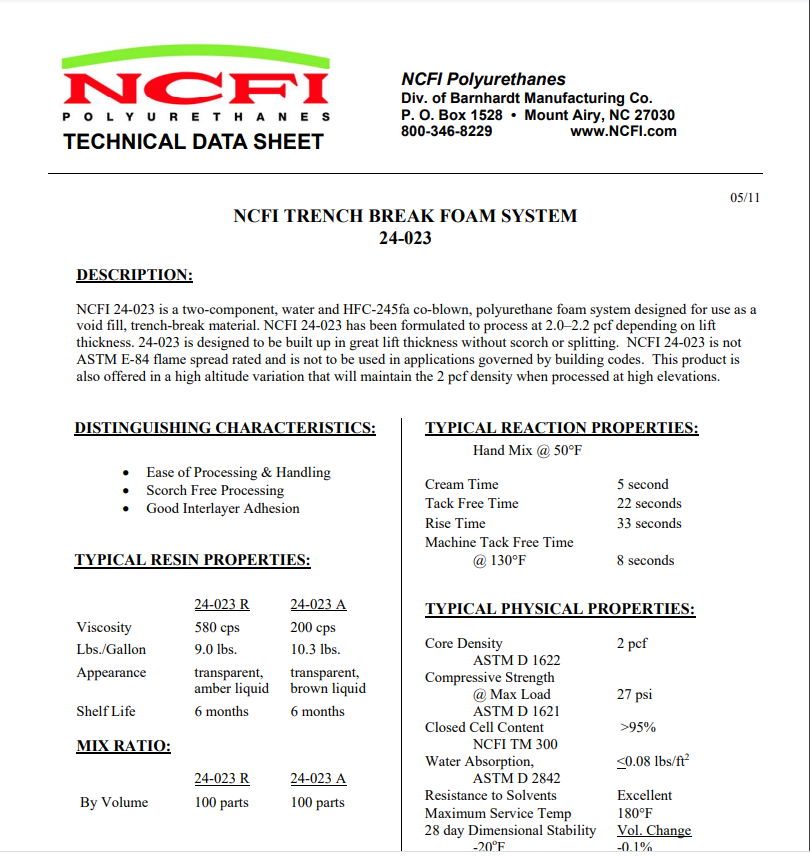 NCFI Trench Break Foam System 24-023 Technical Data Sheet (TDS)
