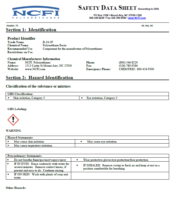NCFI Terrathane B-24-3F Safety Data Sheet (SDS)