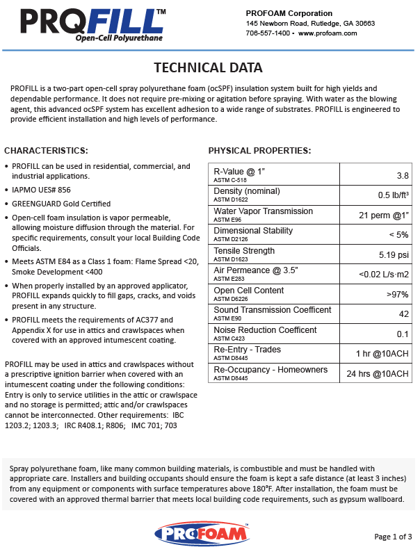 Profoam ProFill Open Cell Technical Data Sheet (TDS)