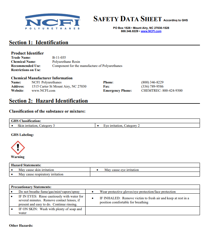 NCFI 11-035 Safety Data Sheet (SDS)