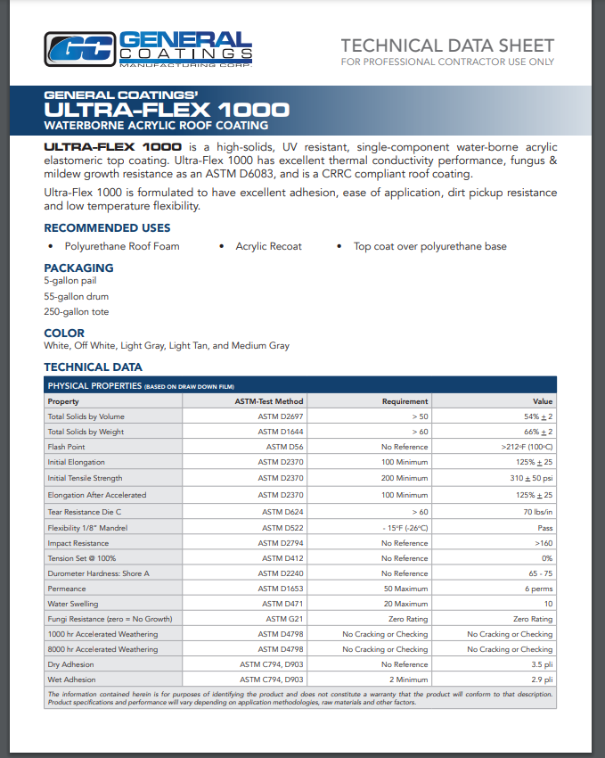 General Coatings Ultra Flex 1000 Technical Data Sheet (TDS)