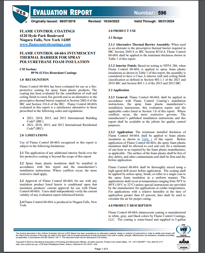 Flame Control 60-60A Evaluation Report-ER 596