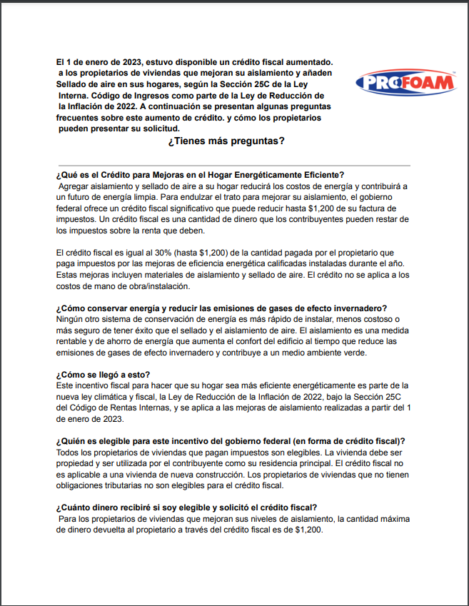 Profoam 25C Tax Credit Flyer - Spanish Version