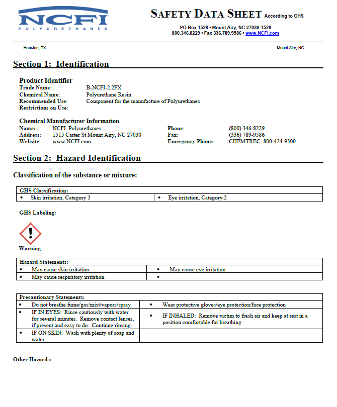 NCFI B-2.2FX Safety Data Sheet (SDS)