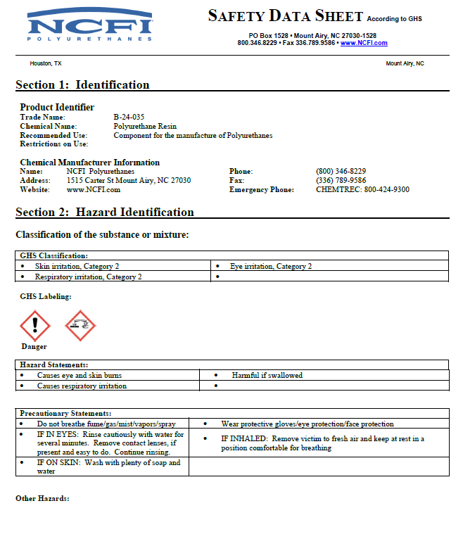 NCFI B-24-035 Safety Data Sheet (SDS)