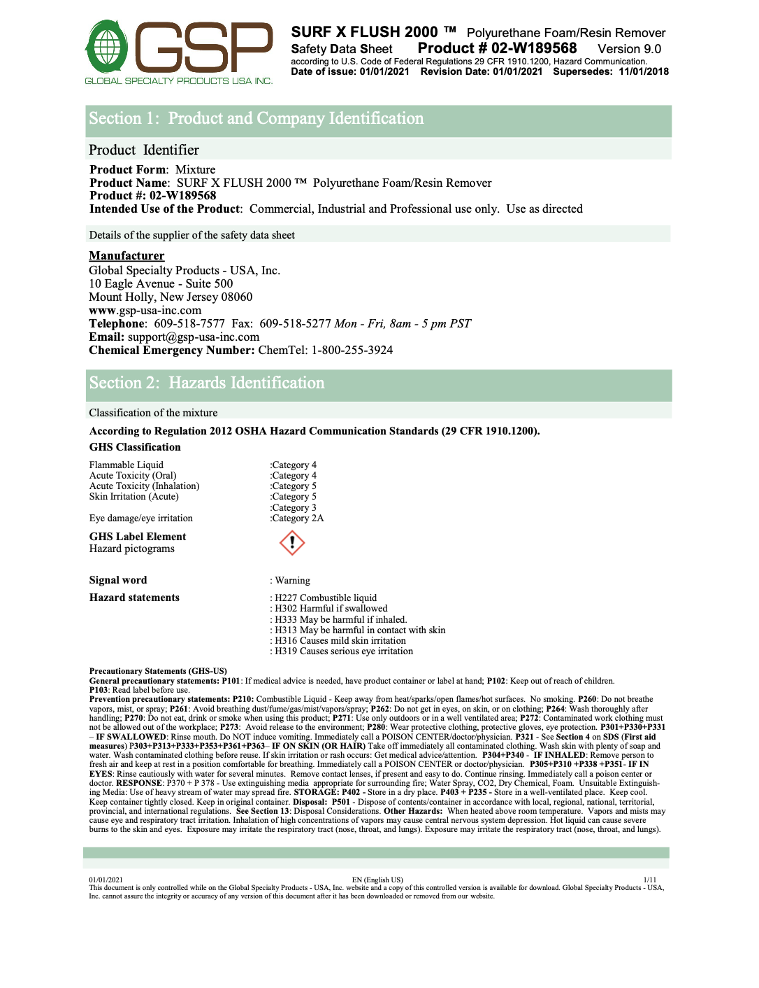 GSP, SUFR X FLUSH 2000, Polyurethane Foam/Resin Remover, MSDS / SDS