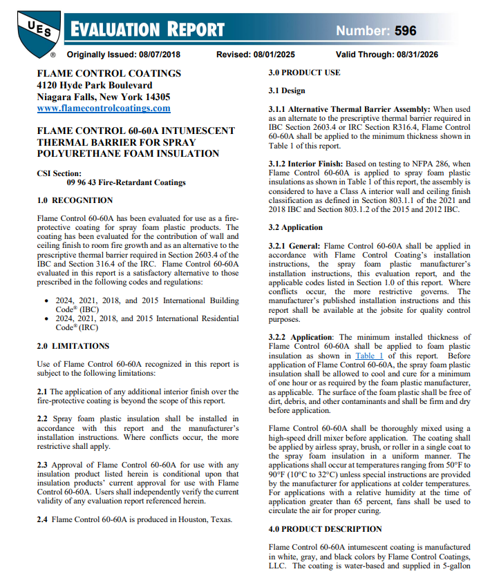 Flame Control 60-60A Evaluation Report-ER 596