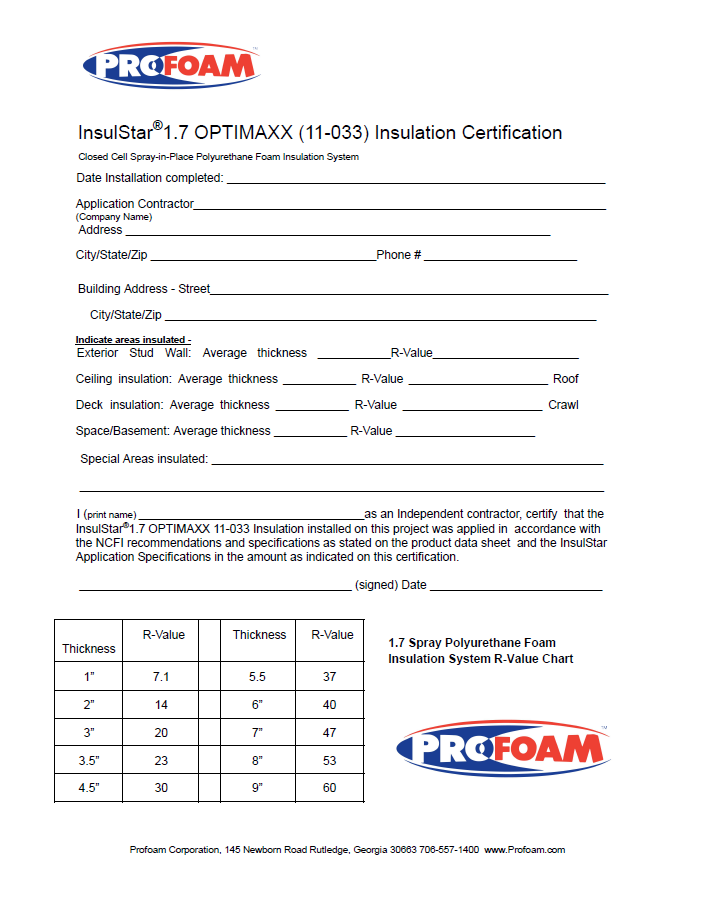 InsulStar 1.7 Optimaxx (11-033) Insulation Certificate