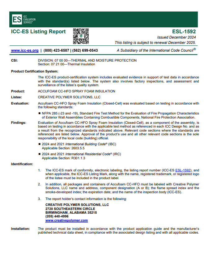 Accufoam Closed Cell HFO ICC Report-ESL-1592
