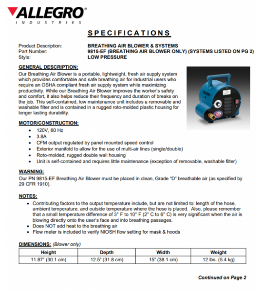 Allegro Breathing Air Blower w/ EF Couplers