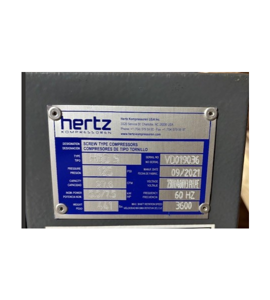 Used Hertz HBD 5 Air Compressor, 230 Volt, 7.5 hp-SN: VD019036