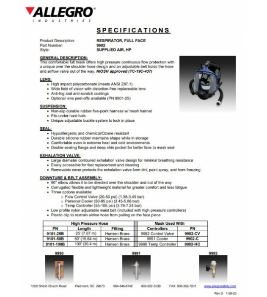Allegro Replacement High Pressure Full Face Mask