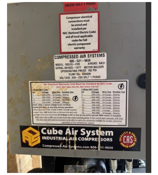Used CAS Air Compressor, 230 Volt, 5hp-SN: 051523-1577