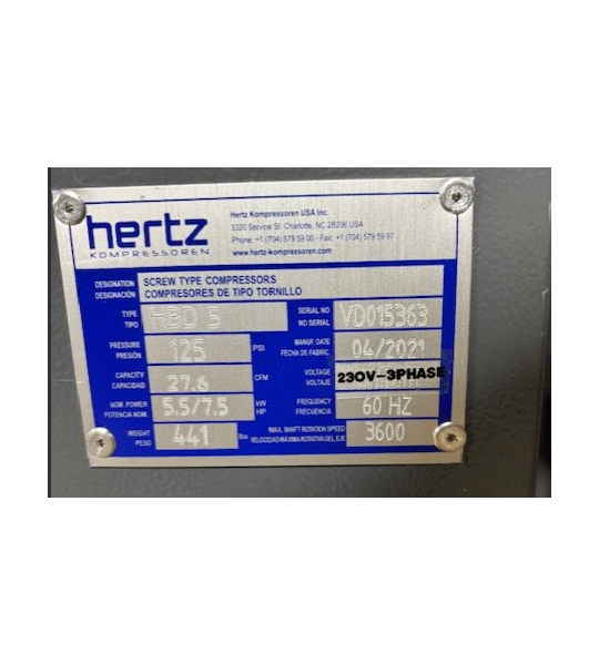 Used Hertz HBD 5 Air Compressor, 230 Volt, 7.5 hp-SN: VD015363